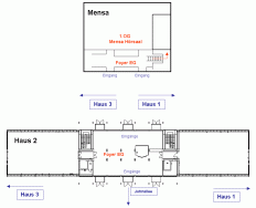 Skizze des Hauptgebudes (Haus2) und der Mensa